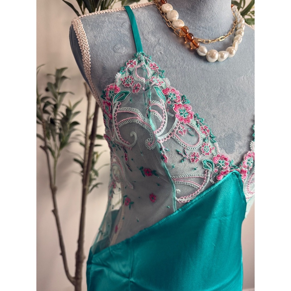 Cosabella Teal 100% Silk Delicate Floral Embroidered Mesh Chemise Nightgown M - Picture 7 of 13